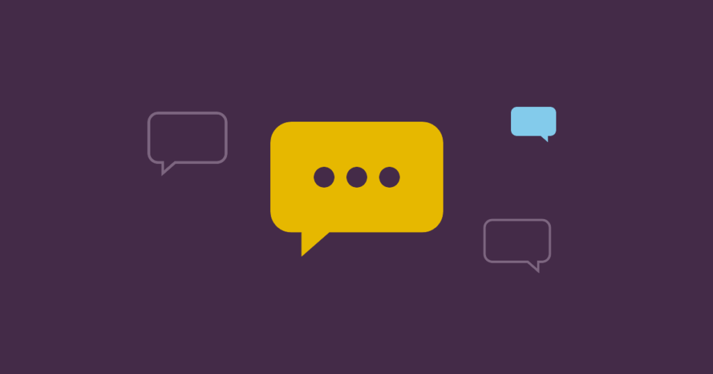 A yellow speech bubble on purple with a few smaller speech bubbles around it